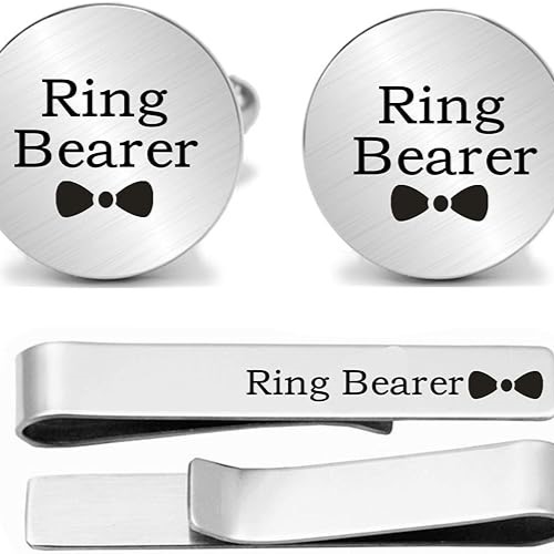 Stainless steel ring bearer cuffs & tie clip.