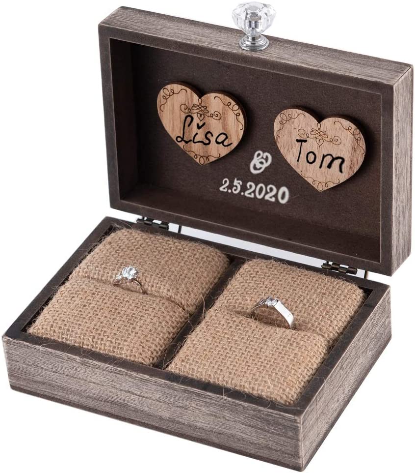 Rustic, wooden wedding ring holder box. The ring section is made of burlap.