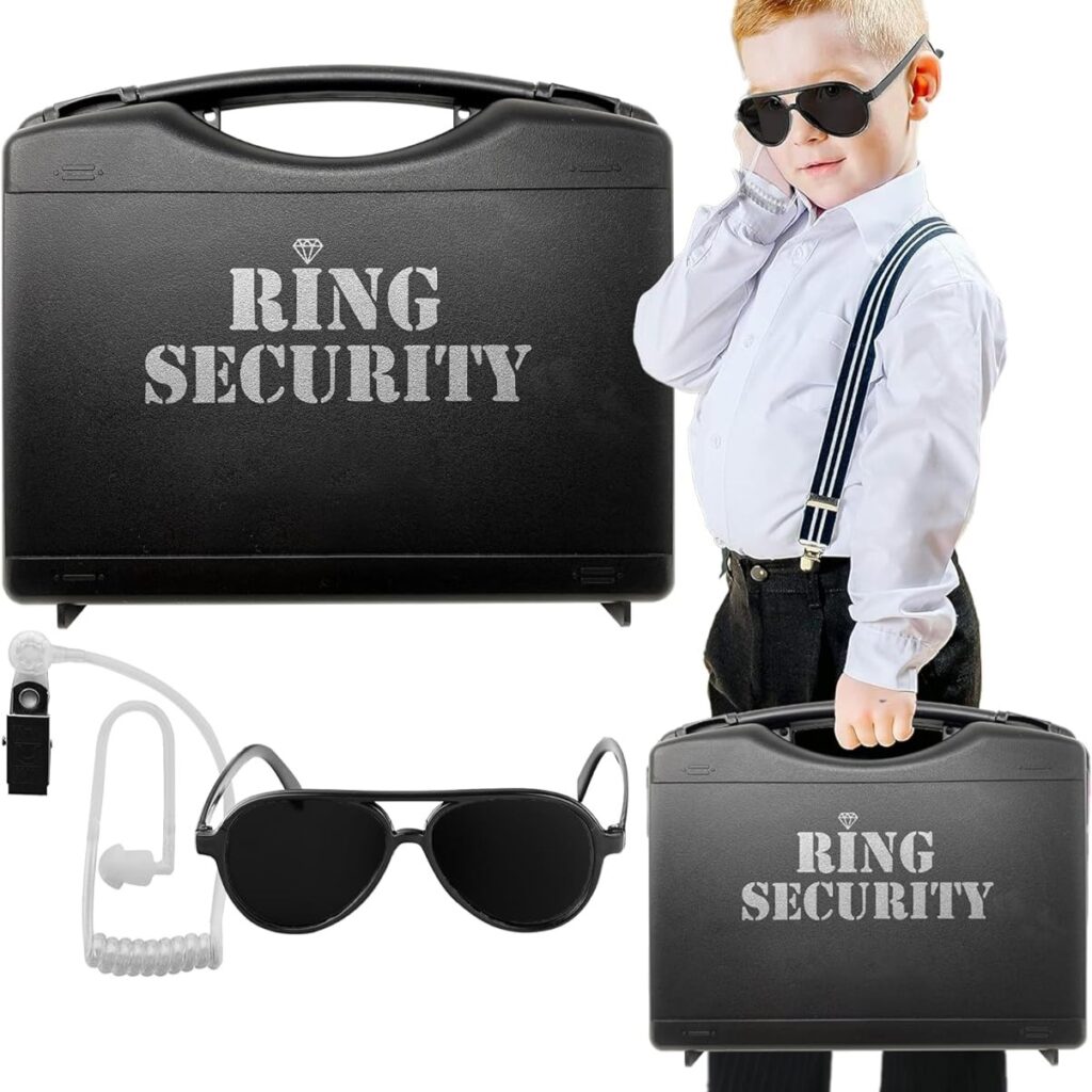 Young boy wearing dark sunglasses and carrying a briefcase that says "Ring security."
