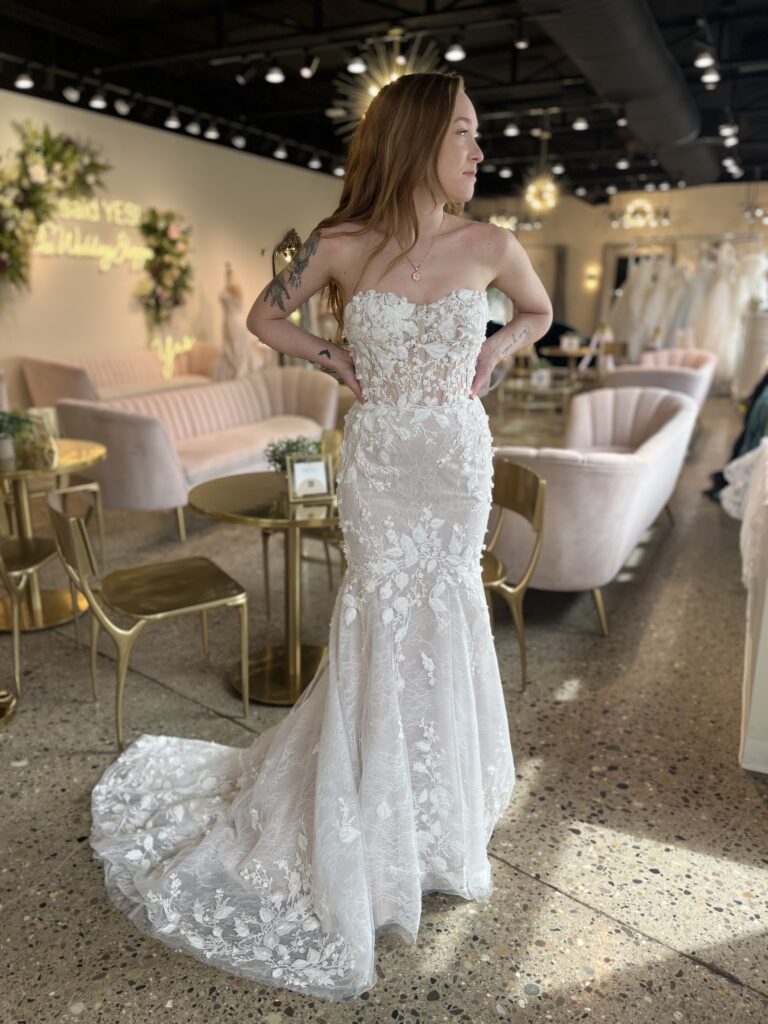 Truly is a mermaid with all over delicate lace and 3D appliqué and sweetheart neckline