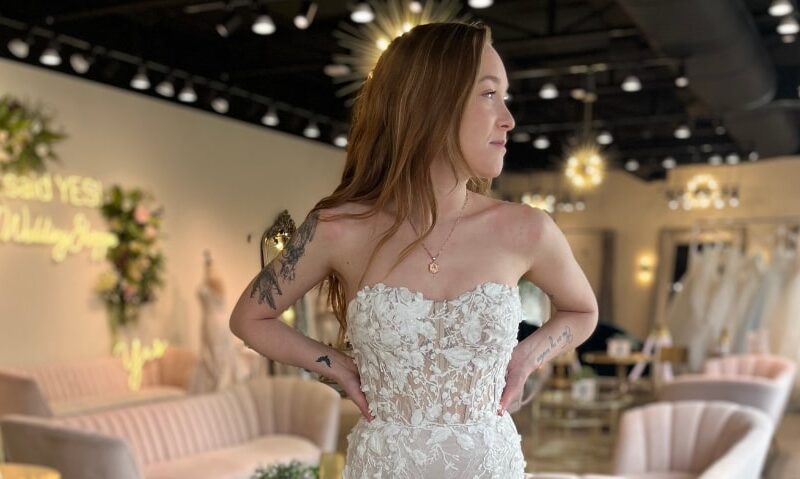 Truly is a mermaid with all over delicate lace and 3D appliqué and sweetheart neckline