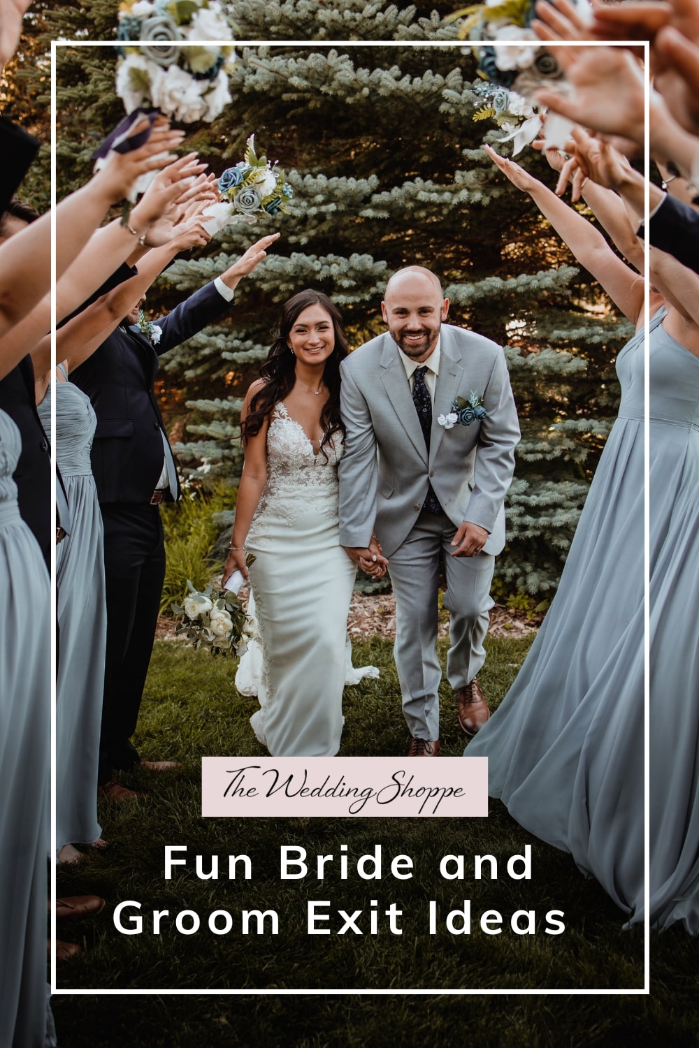 pinnable graphic for "Fun Bride and Groom Exit Ideas" from The Wedding Shoppe