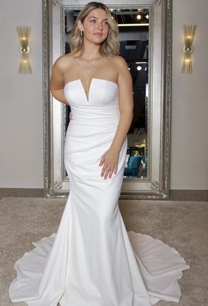 Marianne - strapless modern plunge gown with rouching on the bodice.