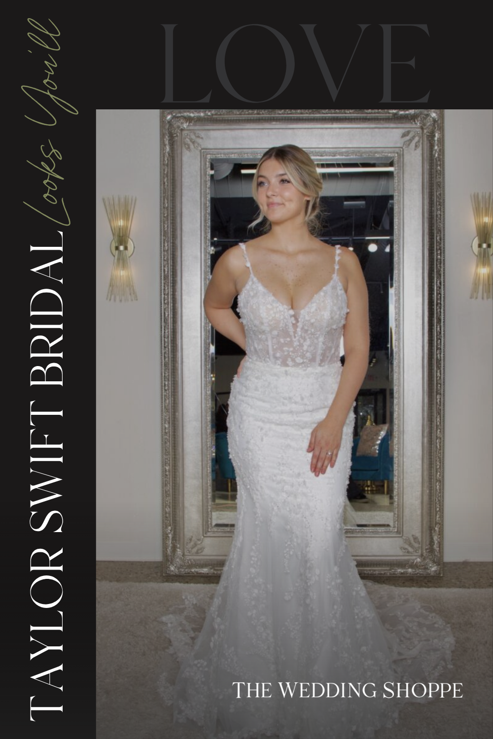 Pinnable blog post graphic for "Taylor Swift Bridal Looks You'll Love" from The Wedding Shoppe.