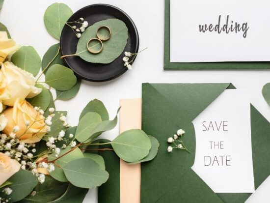 lovely greens and floral elements wedding save the date