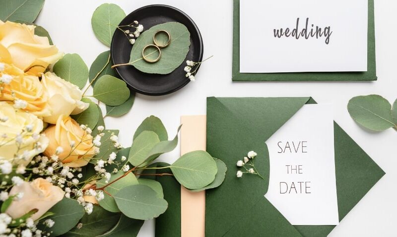 lovely greens and floral elements wedding save the date