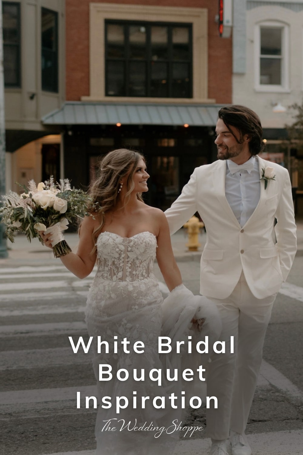 pinnable graphic for "White Bridal Bouquet Inspiration" from The Wedding Shoppe