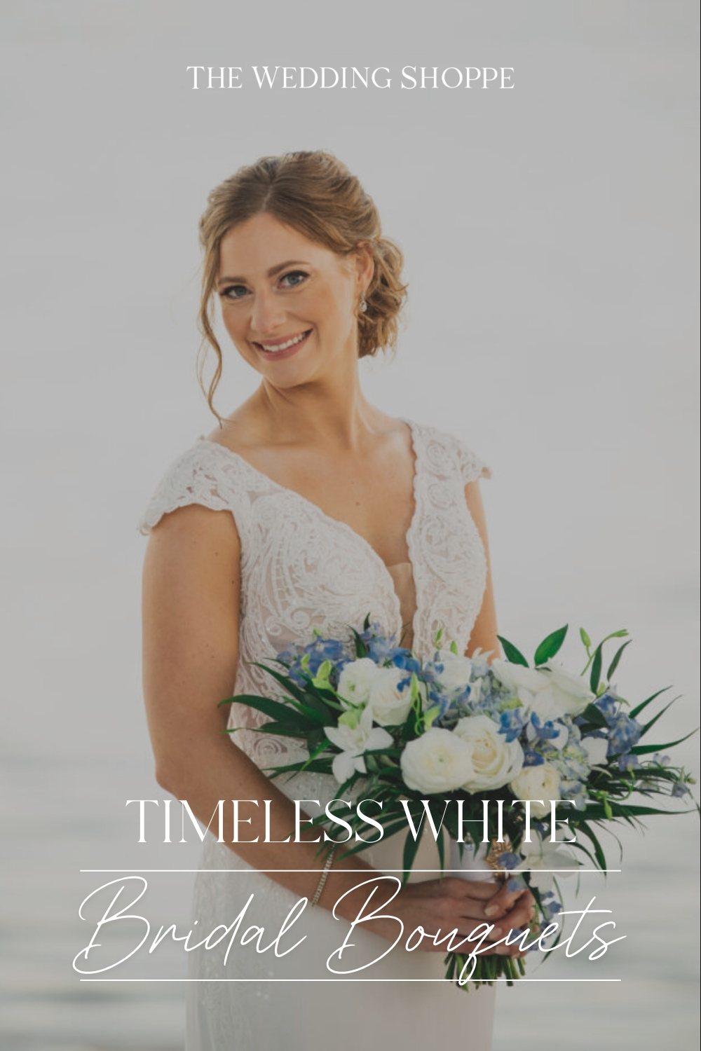 Pinnable blog post graphic for "White Bridal Bouquet Inspiration" from The Wedding Shoppe.