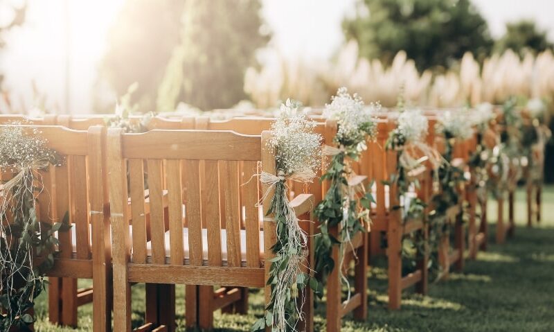 an outdoor wedding with wooden chairs and plant collections attached