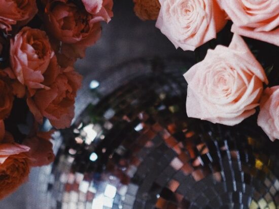 lovely pink roses and carnations next to a shiny disco ball