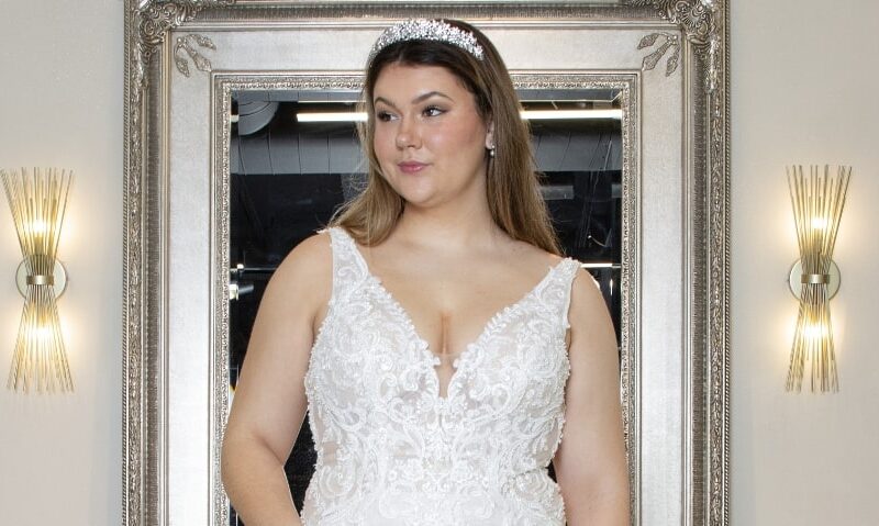 Valerie is a fit and flare gown with a traditional all over lace pattern
