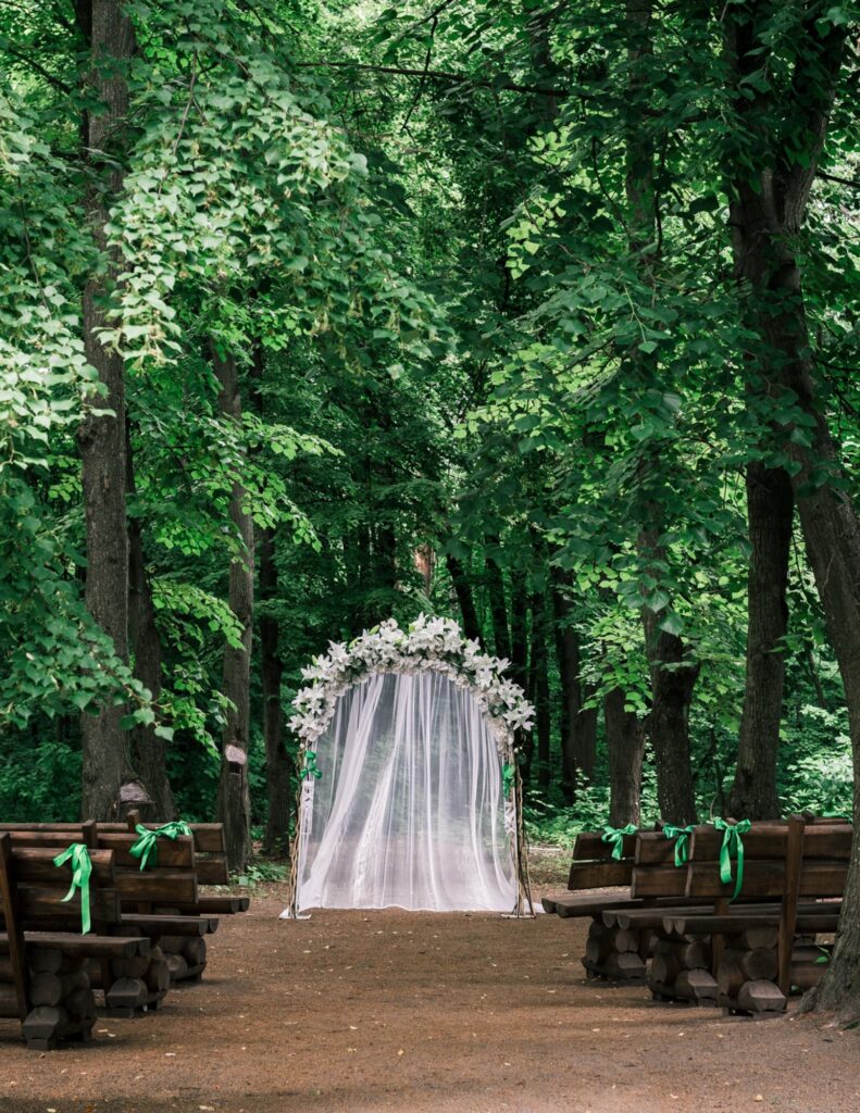 a wedding in a forest with a veiled arch as the altar