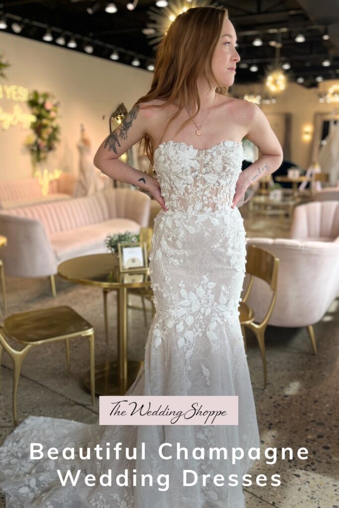 blog post graphic for "Beautiful Champagne Wedding Dresses" from the Wedding Shoppe