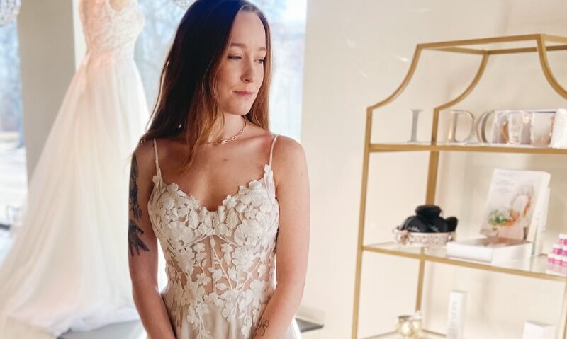 Zelda is a sparkle-free a-line with thin dainty straps perfect for a champagne toast wedding reception. The champagne undertone allows the gorgeous lace detail to shine without needing any beading!