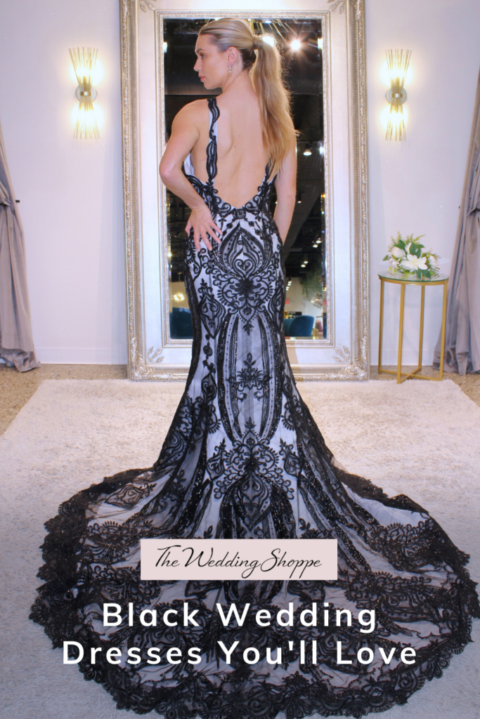 pinnable graphic for "Black Wedding Dresses You'll Love" from The Wedding Shoppe showing a woman wearing a black wedding dress