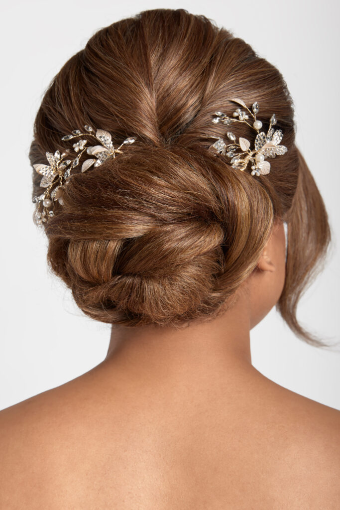 3 piece pearl & Crystal hair pin set. You can bend each piece and place them in a few different spots in the hairdo. A great set to customize to your unique bridal hairstyle