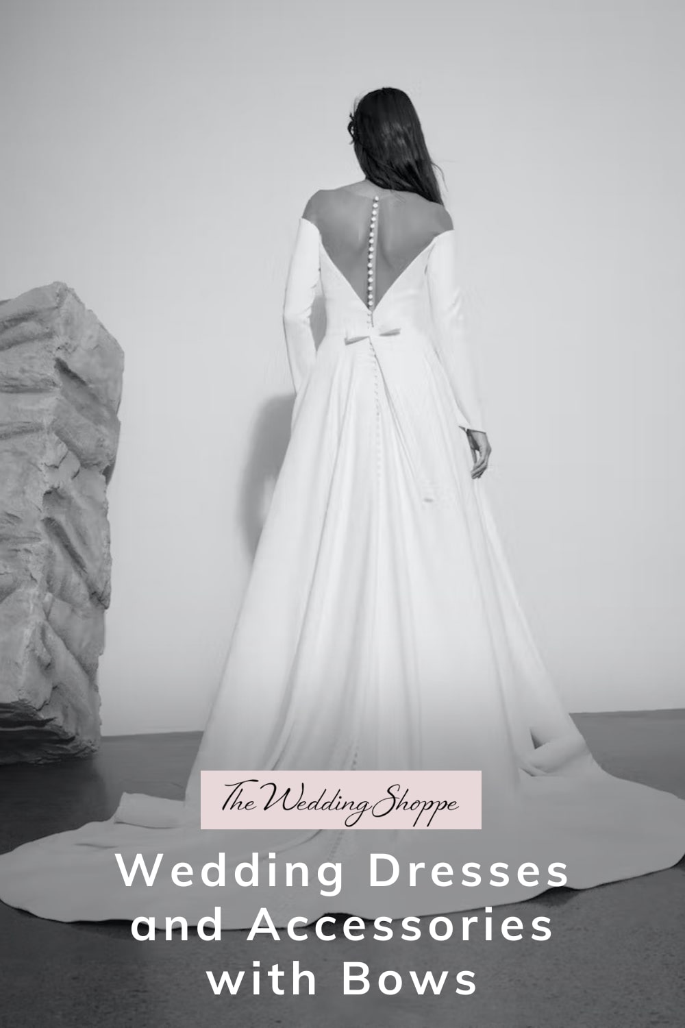 pinnable graphic for "Wedding Dresses and Accessories with Bows" from The Wedding Shoppe