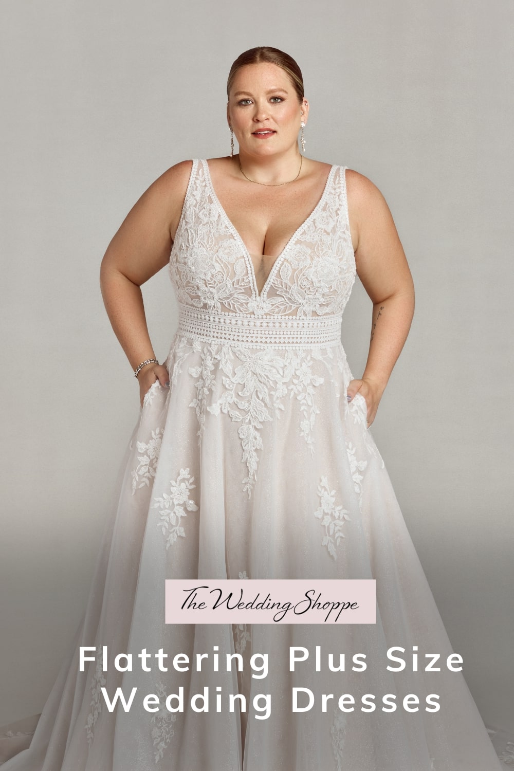 pinnable graphic for "Flattering Plus Size Wedding Dresses" from The Wedding Shoppe