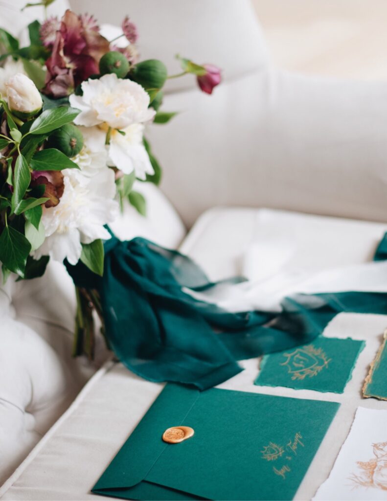 Vibrant, deep green invitations sealed with wax on a white couch cushion next to a bouquet of flowers