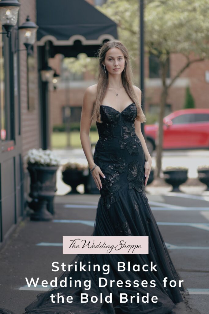 A pinnable blog post graphic for "Striking Black Wedding Dresses for the Bold Bride" from The Wedding Shoppe.