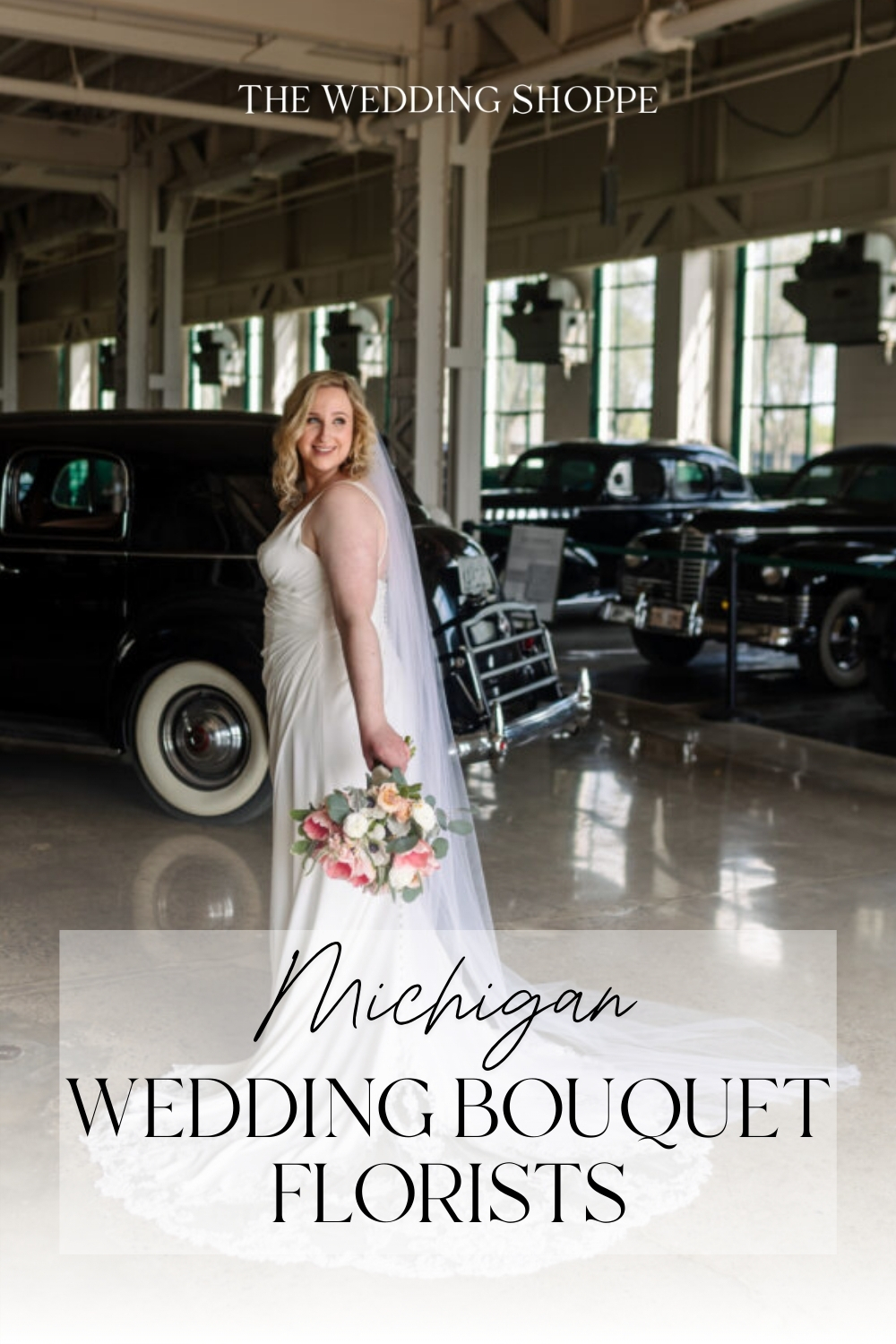A pinnable blog post graphic for "Our Favorite Michigan Florists for Bridal Bouquets" from The Wedding Shoppe.