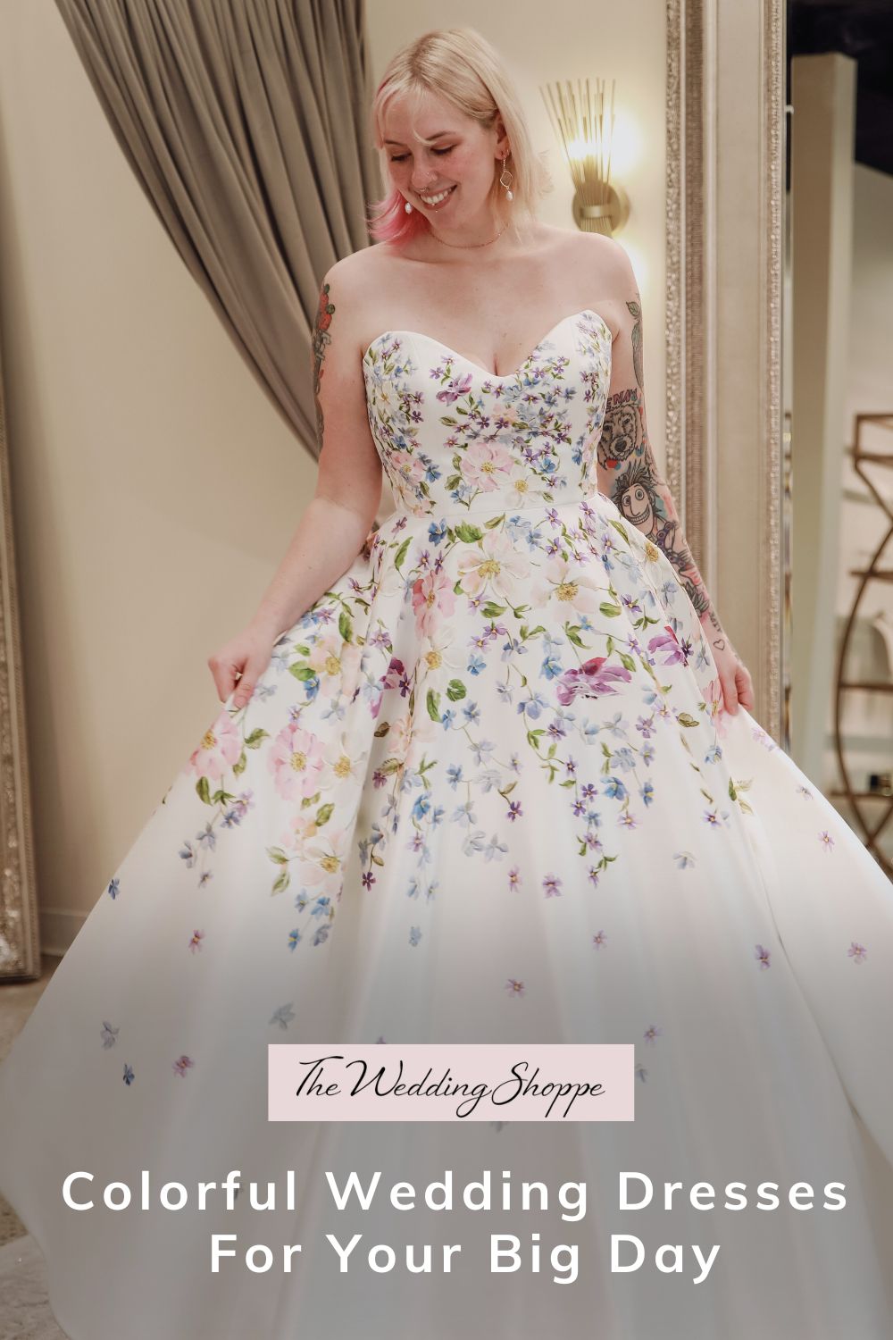 Pinnable blog post graphic for "Colorful Wedding Dresses for Your Big Day" from The Wedding Shoppe.