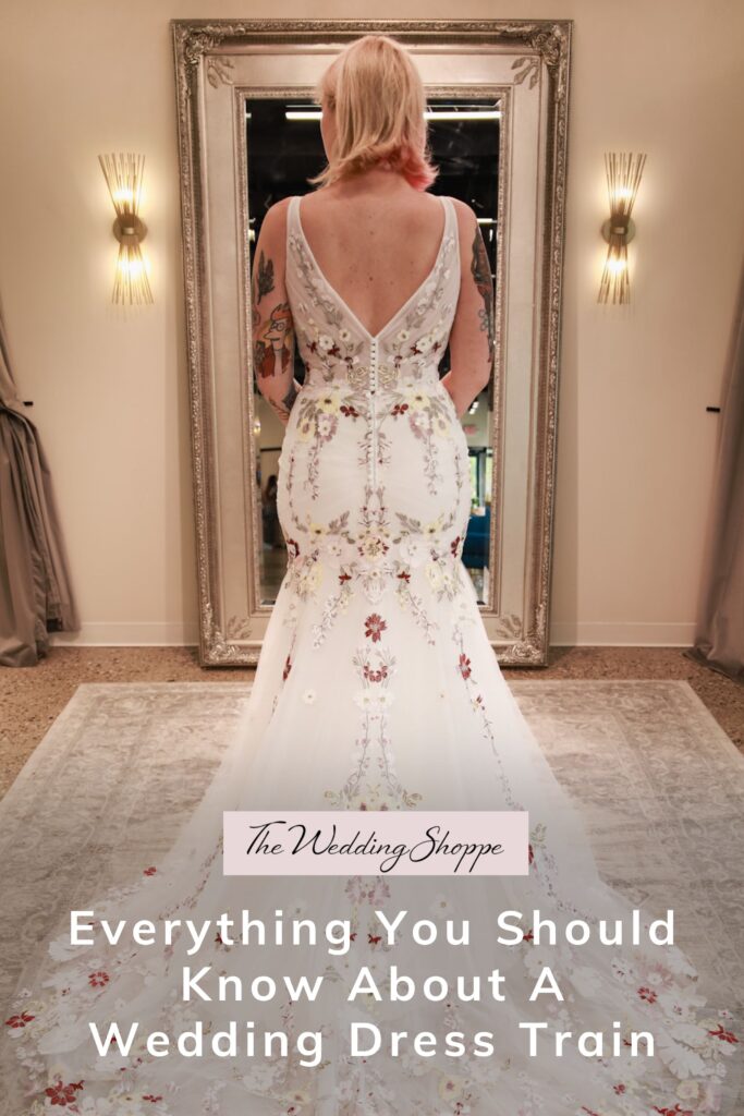 Pinnable blog post graphic for "Everything You Should Know About a Wedding Dress Train" from The Wedding Shoppe.