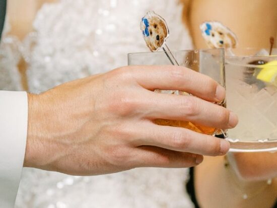 Detailed view of a couple’s hands clinking glasses with playful dog stirrers.