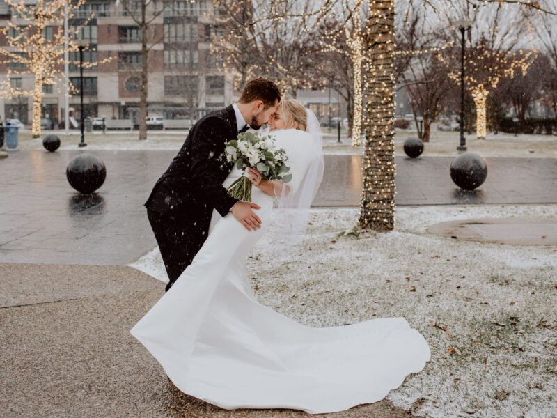 Bride and groom kissing under snowfall, surrounded by illuminated trees.