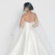 Bride viewed from behind, showcasing a long, flowing veil and satin wedding gown.