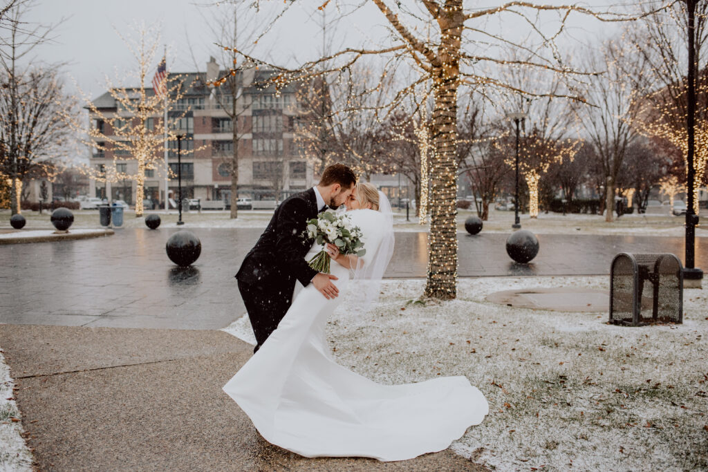 Bride and groom kissing under snowfall, surrounded by illuminated trees.