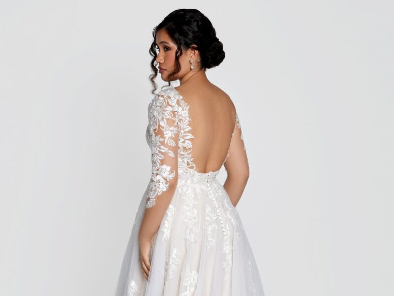 Bride in an ornate long sleeve lace wedding gown viewed from the back.