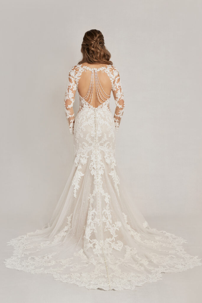 Bride viewed from behind in an ornate lace gown with a dramatic deep V-back and train.