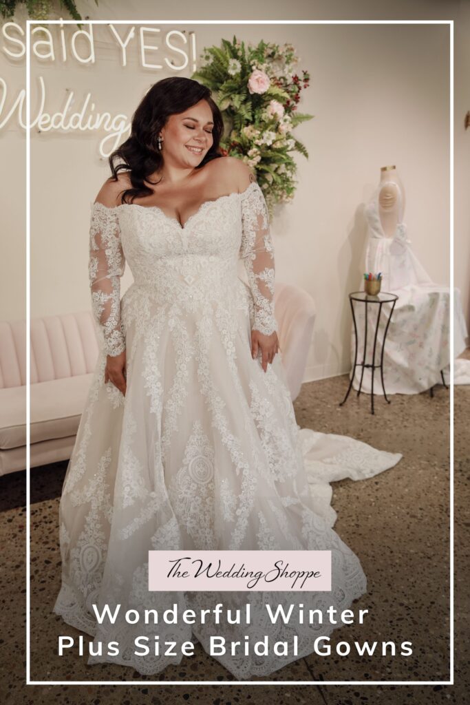 Pinnable blog post graphic for "Wonderful Winter Plus Size Bridal Gowns" from The Wedding Shoppe.