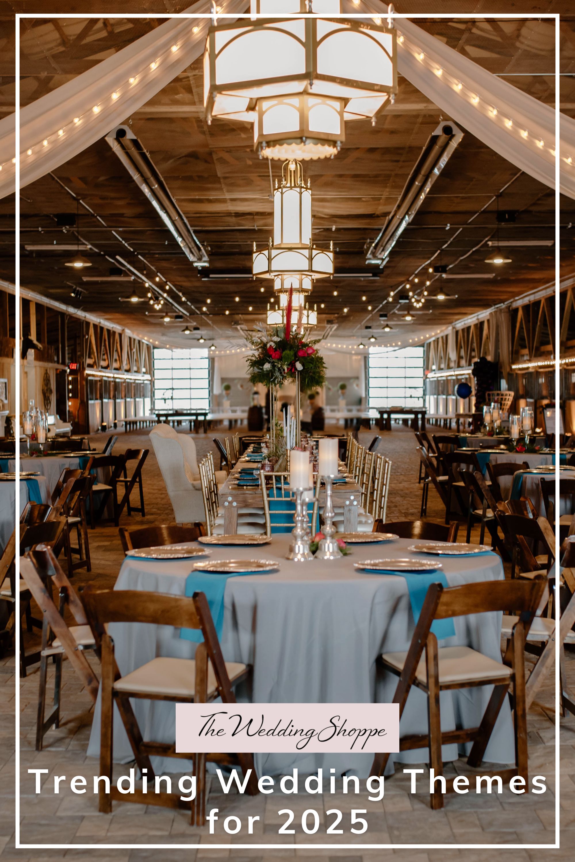 Pinnable blog post graphic for "Trending Wedding Themes for 2025" from The Wedding Shoppe.