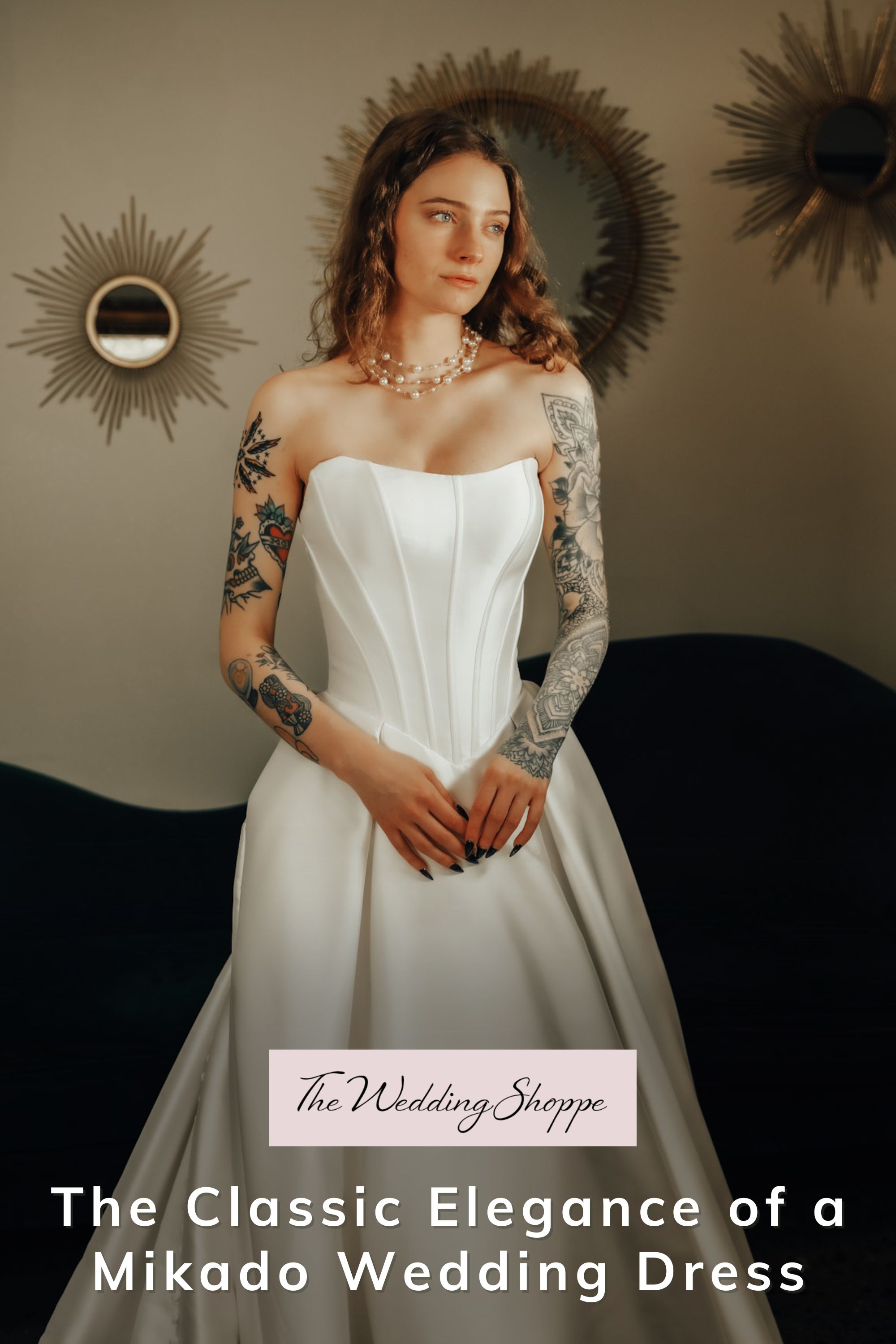 Pinnable blog post graphic for "The Classic Elegance of a Mikado Wedding Dress" from The Wedding Shoppe.