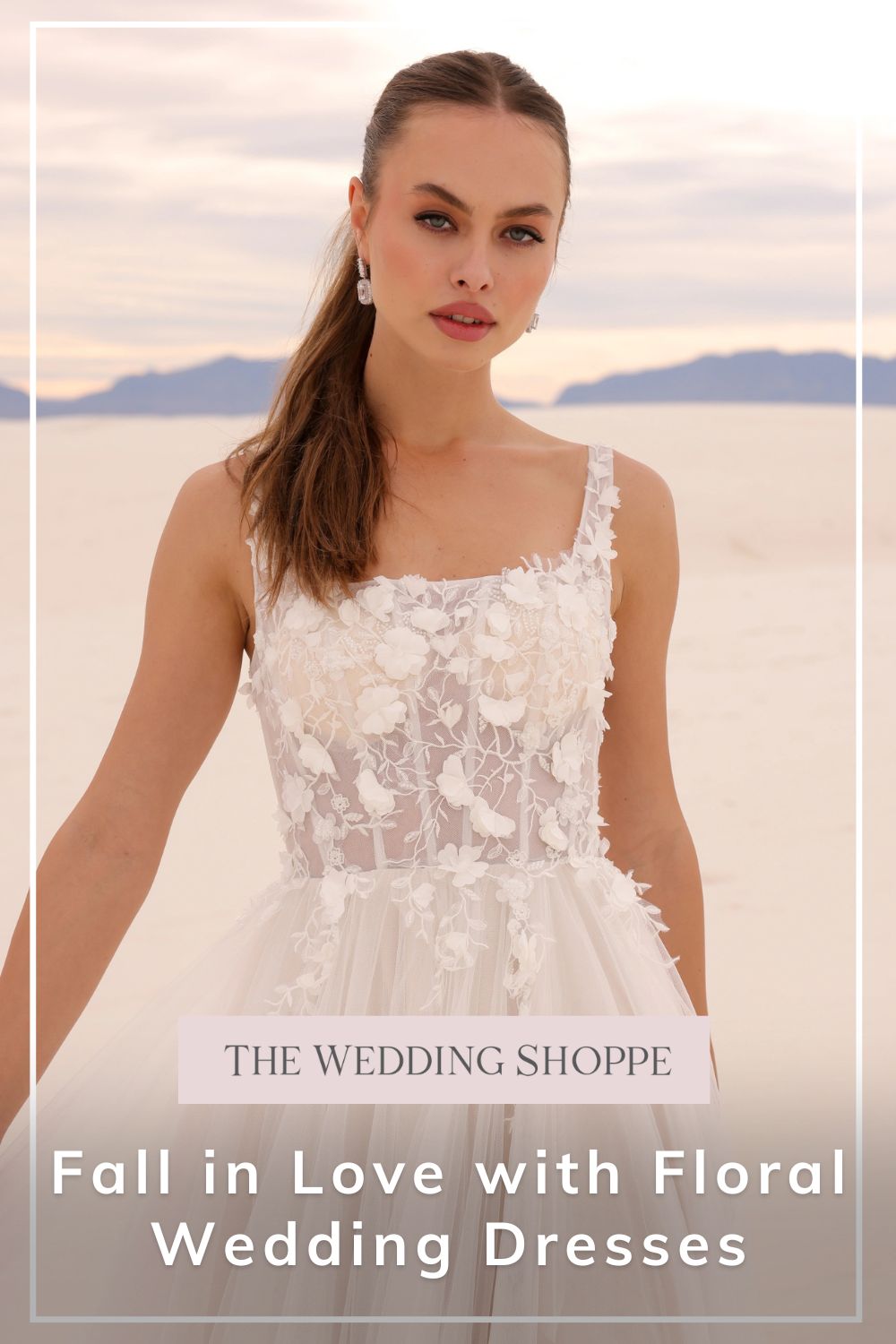 Pinnable blog post graphic for "Fall in Love with Floral Wedding Dresses" for The Wedding Shoppe.