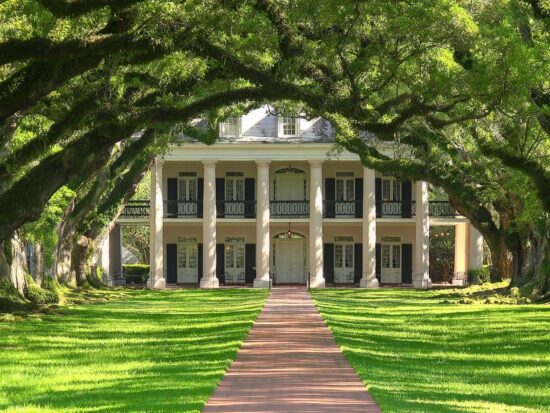 A grand Southern estate framed by moss-covered oak trees, leading to a picturesque entryway with white columns and lush greenery.