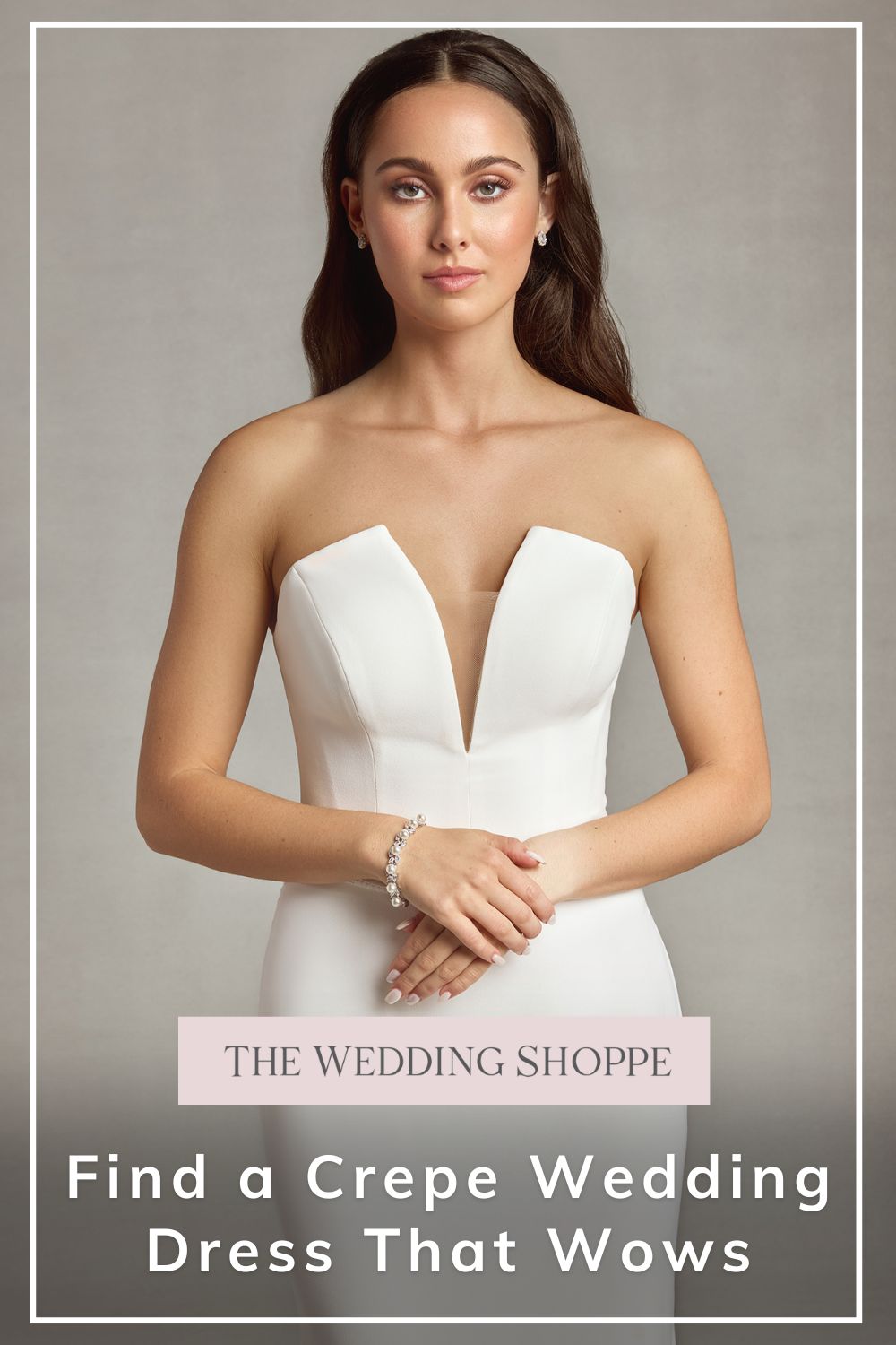 Pinnable blog post graphic for "Find a Crepe Wedding Dress that Wows" from The Wedding Shoppe.