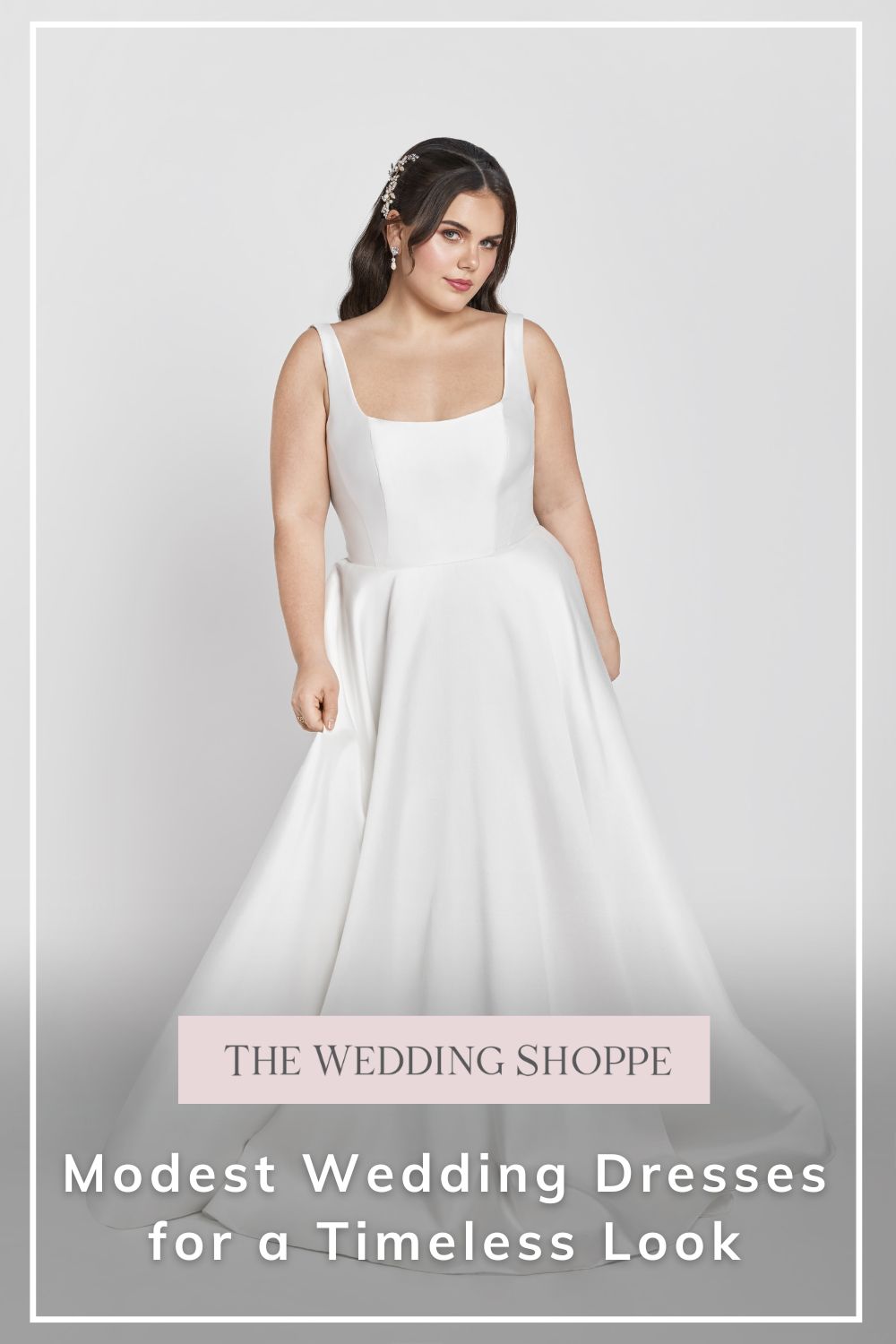 Pinnable blog post graphic for "Modest Wedding Dresses for a Timeless Look" from The Wedding Shoppe.