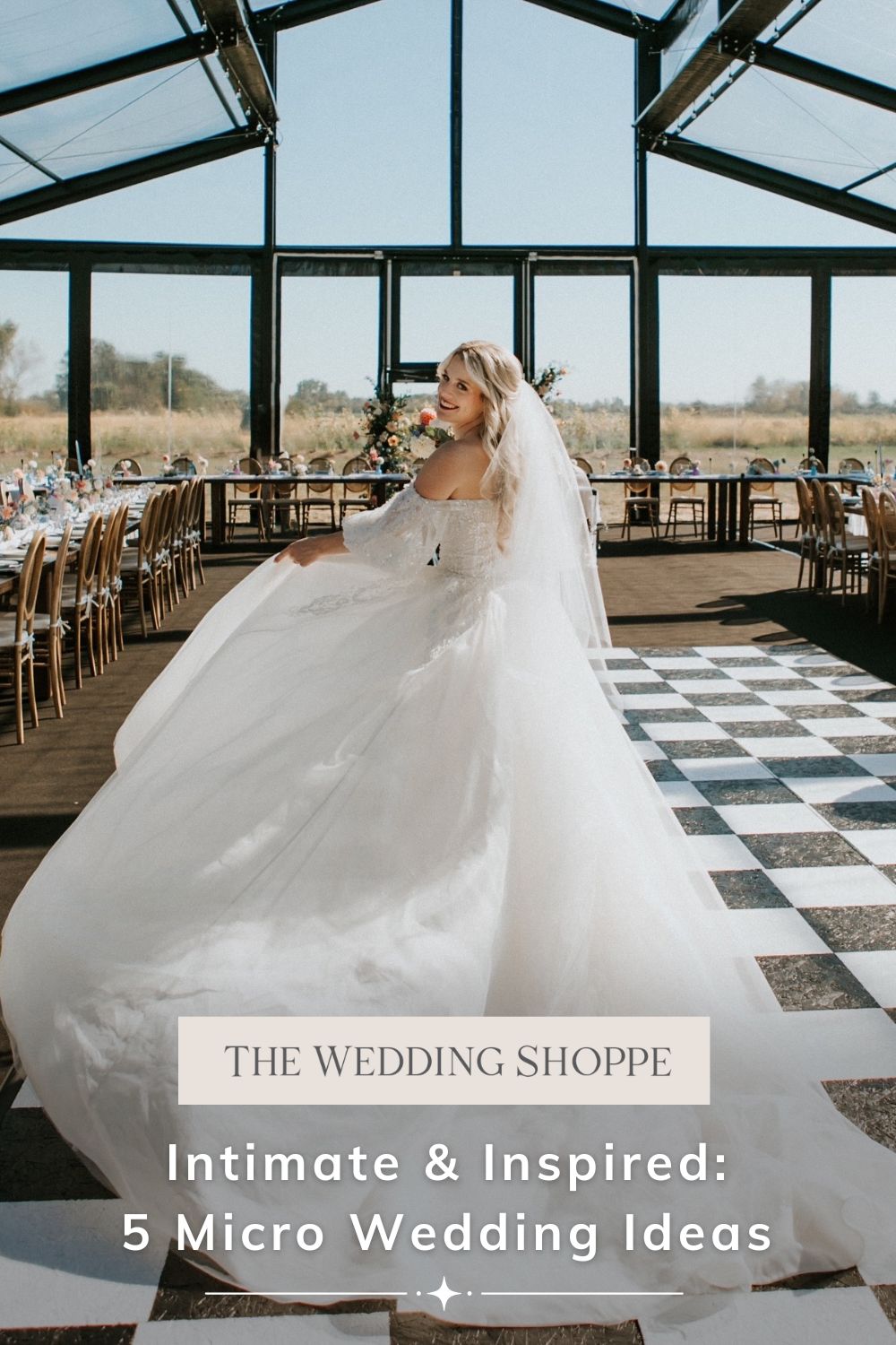 Pinnable blog post graphic for "Intimate & Inspired: 5 Micro Wedding Ideas" from The Wedding Shoppe.