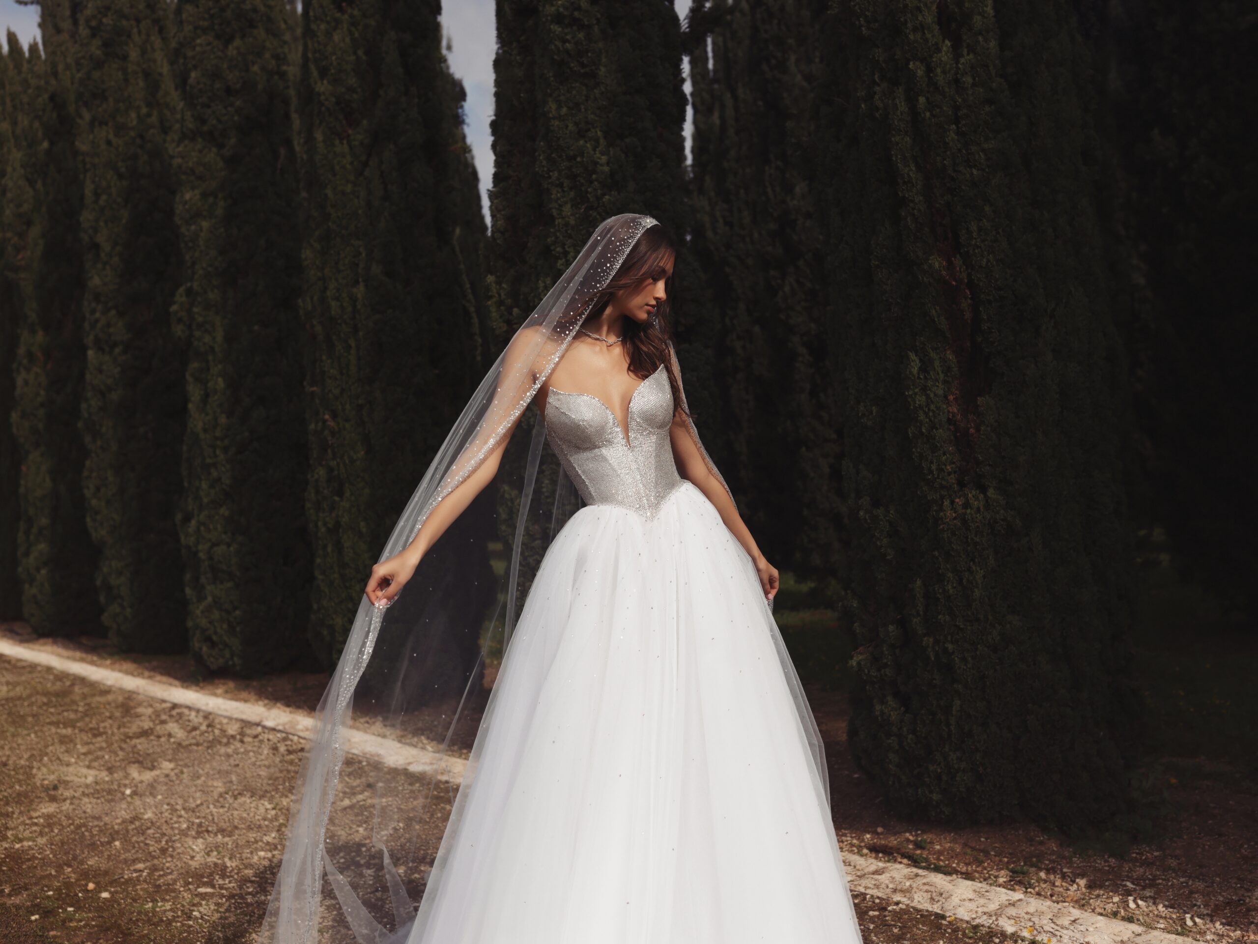 woman wearing a Pnina Tornai wedding dress with jeweled veil