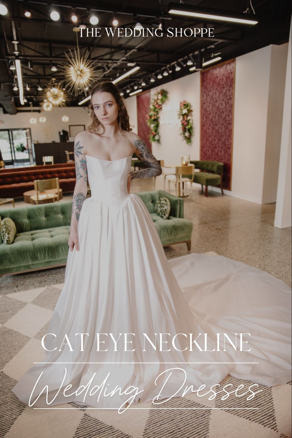 Pinnable blog post graphic for "5 Stylish Cat Eye Neckline Wedding Dresses" from The Wedding Shoppe.