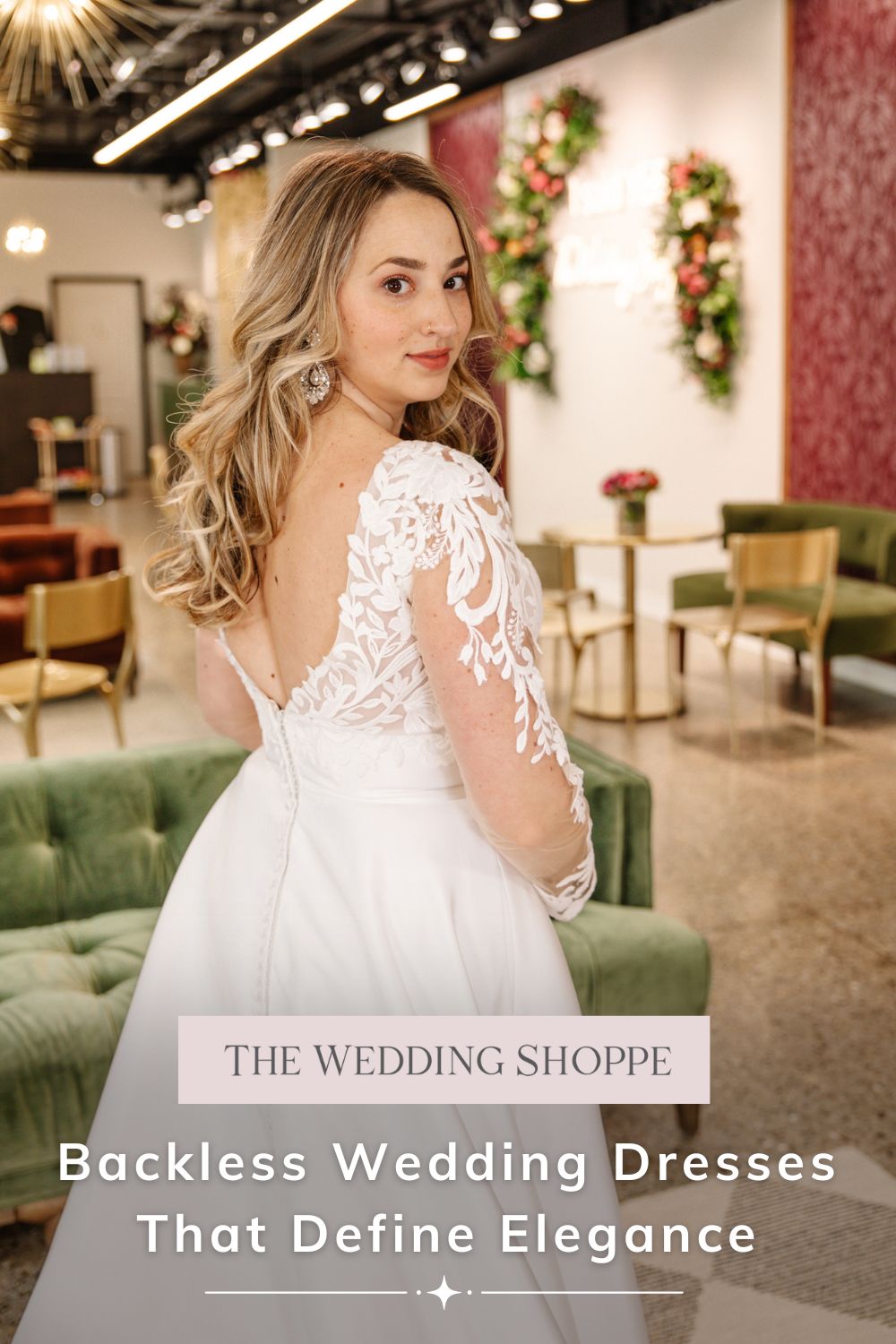 Pinnable blog post graphic for "Backless Wedding Dresses that Define Elegance" from The Wedding Shoppe.