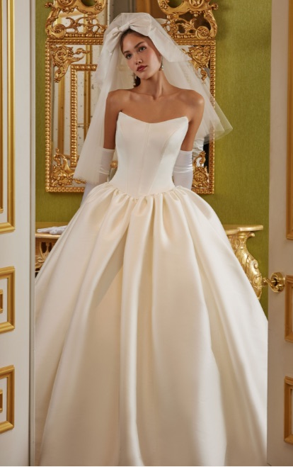 Bride in a strapless, full-skirted ivory gown with gloves and a short veil, standing in a doorway with ornate gold decor behind her.