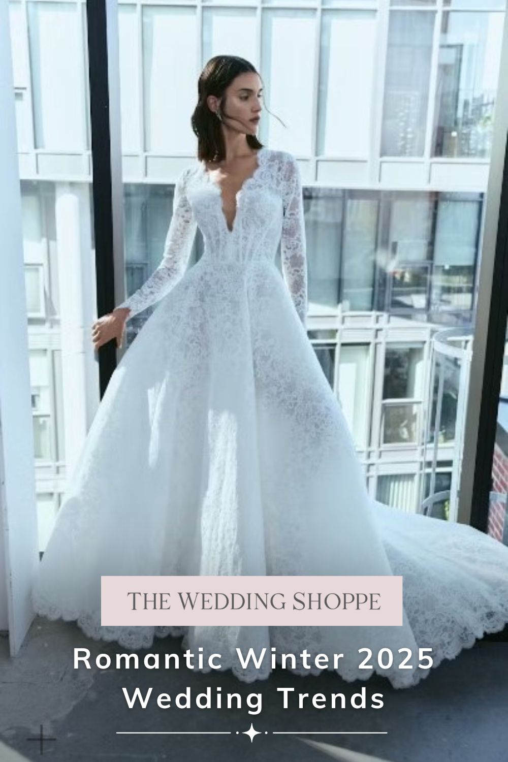 Pinnable blog post graphic for "Romantic Winter 2025 Wedding Trends" from The Wedding Shoppe.