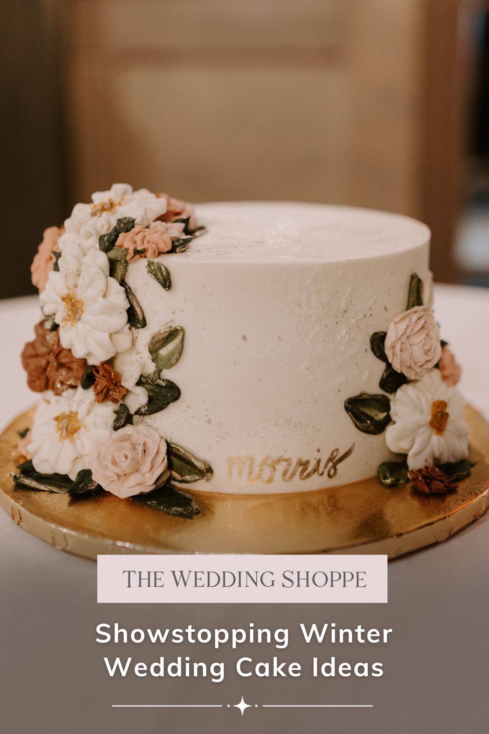 Pinnable blog post graphic for "Showstopping Winter Wedding Cake Ideas" from The Wedding Shoppe.