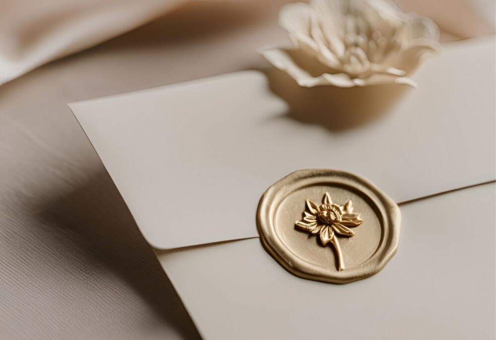 A close-up of an envelope sealed with a gold wax stamp featuring a floral design.