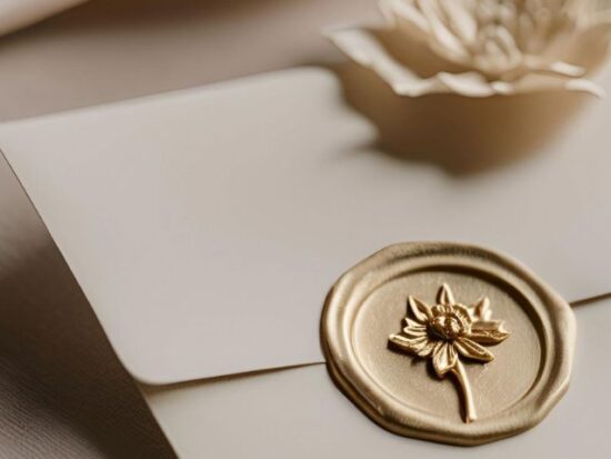 A vertical close-up of an envelope with a gold wax seal decorated with a flower detail.