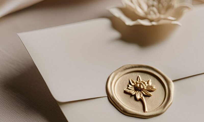 A vertical close-up of an envelope with a gold wax seal decorated with a flower detail.